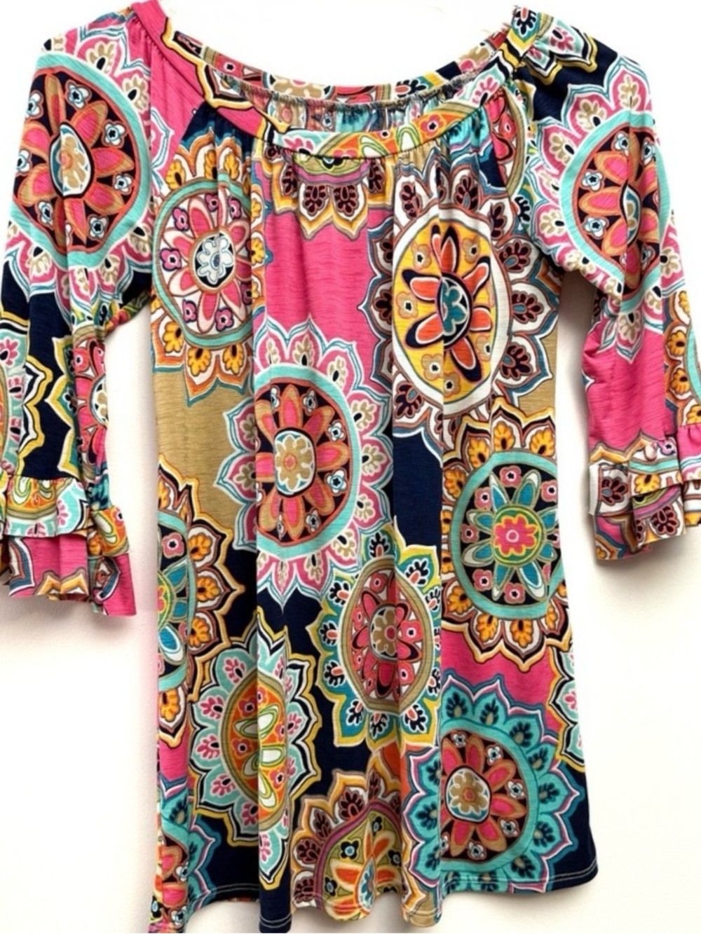 Boho Medallion Floral Bell Sleeve Tunic Mini Dress Pink Multicolor